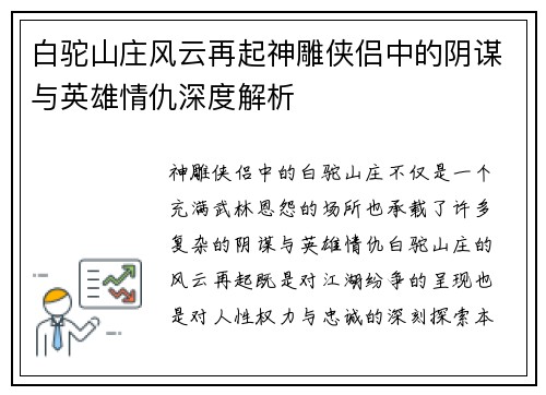 白驼山庄风云再起神雕侠侣中的阴谋与英雄情仇深度解析