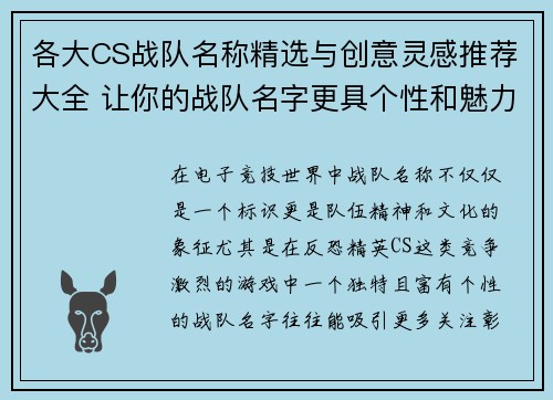 各大CS战队名称精选与创意灵感推荐大全 让你的战队名字更具个性和魅力